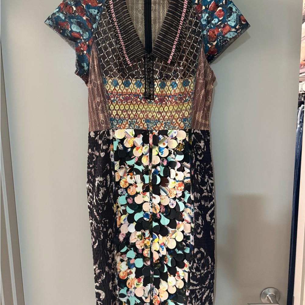 Byron Lars Multicolor Patchwork Midi Dress in Teal, Black, Brown & Cream